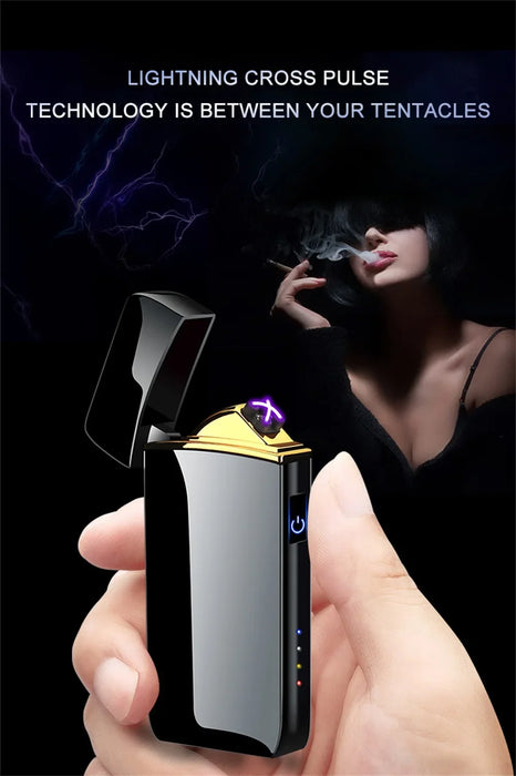 Hot Electric Windproof Metal Lighter Double Arc Flameless Plasma Rechargeable USB Lighter LED Power Display Touch Sensor Lighter