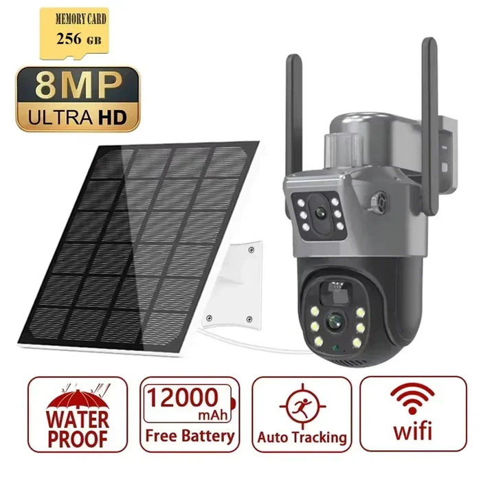 4K 8MP Dual Screen Solar Camera Free 256G memory card Outdoor Wireless WiFi PTZ Dual Lens Security Protection Auto Tracking CCTV