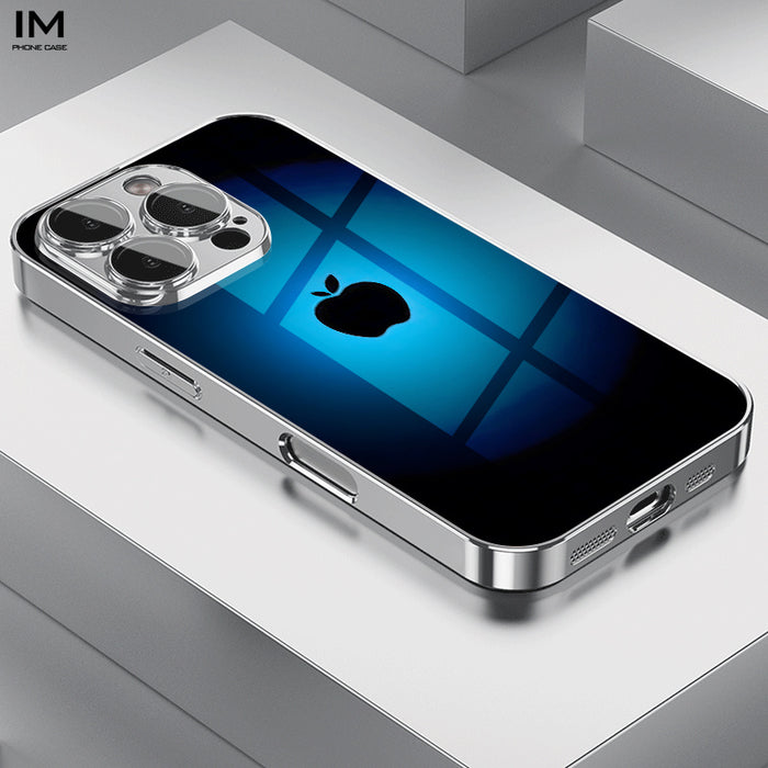 Black Apple Logo Blue Background Pattern Trendy Internet Celebrity High-Quality Texture Business Mirror Film Protection Cat Eye Electroplated Glass Design Suitable for iPhone 16 15 14 13 12 11 Exclusive Glass Phone Case, Anti