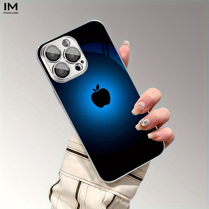 Black Apple Logo Blue Background Pattern Trendy Internet Celebrity High-Quality Texture Business Mirror Film Protection Cat Eye Electroplated Glass Design Suitable for iPhone 16 15 14 13 12 11 Exclusive Glass Phone Case, Anti