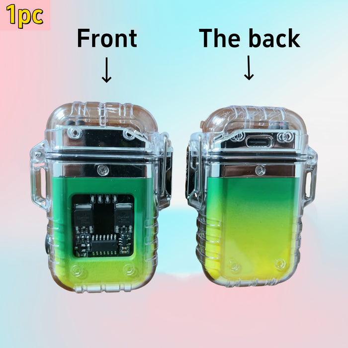 1pc USB Rechargeable Dual Arc Plasma Lighter with Flashlight - Portable Electronic Igniter for Outdoor Survival, Emergency & Exploration, Transparent Green & Yellow Design, Perfect Gift for Men and Women