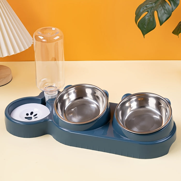 2-in-1 Pet Feeder and Water Dispenser, Stainless Steel & Plastic, Automatic Dual Bowl for Cats and Dogs, Easy Sloped Design, Durable Feeding Station