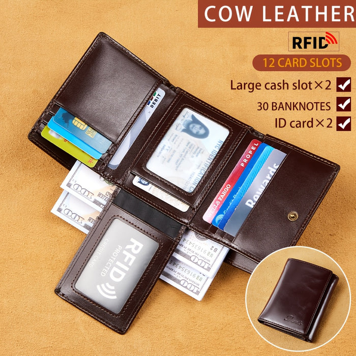 Vintage Oil Wax Layer Cowhide Men's Wallet, RFID Anti-theft Card Folding Genuine Leather Wallet, Large Capacity Multi-Card Credit Card Holder, Transparent ID Document Card Holder, 12 Bank Card Slots, 2 Transparent ID Document