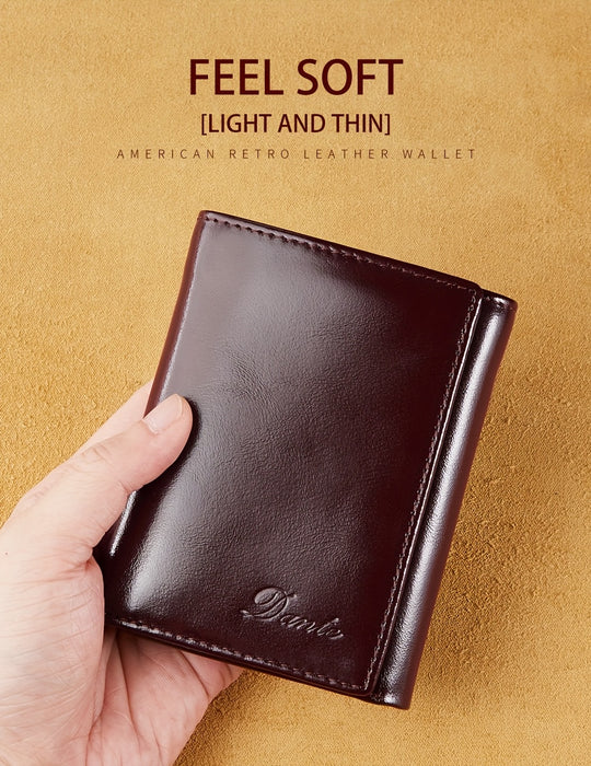 Vintage Oil Wax Layer Cowhide Men's Wallet, RFID Anti-theft Card Folding Genuine Leather Wallet, Large Capacity Multi-Card Credit Card Holder, Transparent ID Document Card Holder, 12 Bank Card Slots, 2 Transparent ID Document