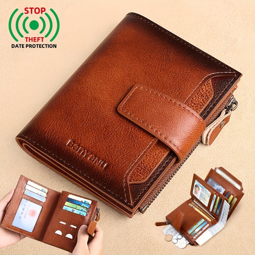 BANYANU Men'S Genuine Leather Wallet - Slim Vertical Design with Multiple Card Slots, RFID Blocking, and Secure Zipper Closure for Everyday Use, Everyday Wallet | Sleek Wallet | Genuine Leather Wallet