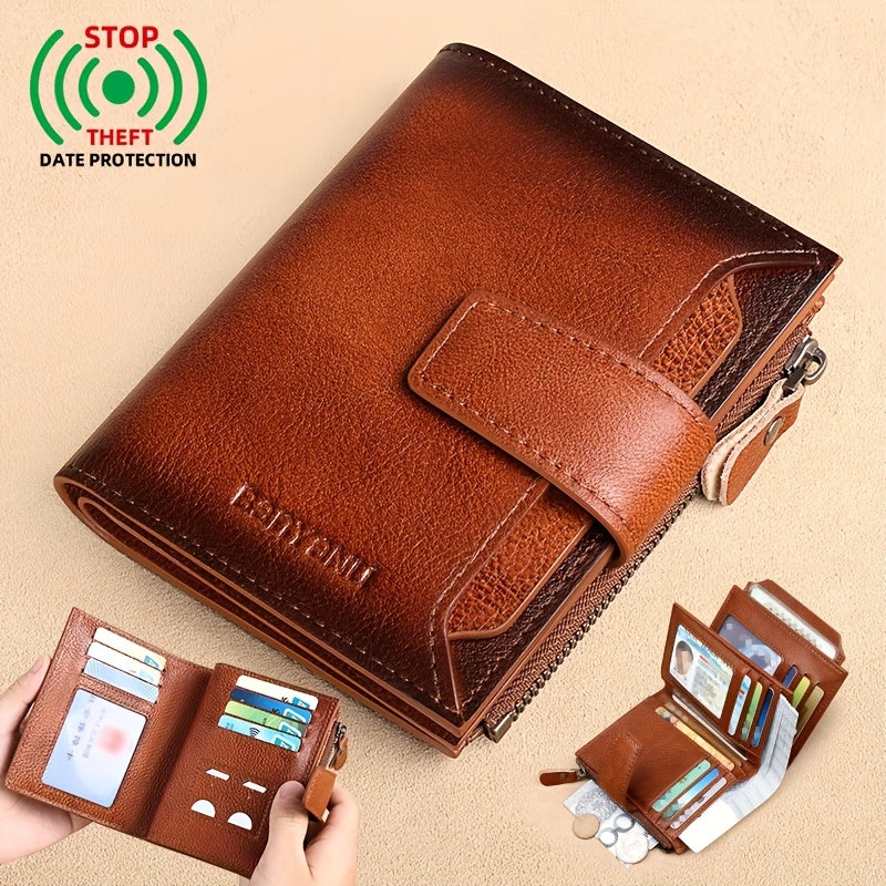 BANYANU Men'S Genuine Leather Wallet - Slim Vertical Design with Multiple Card Slots, RFID Blocking, and Secure Zipper Closure for Everyday Use, Everyday Wallet | Sleek Wallet | Genuine Leather Wallet