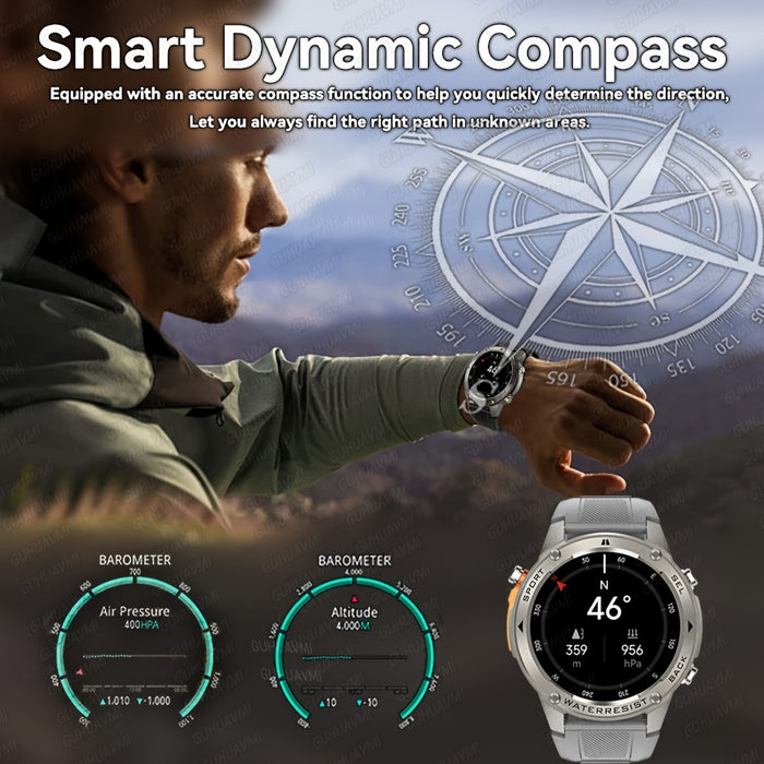 GUHUAVMI new GPS outdoor sports smart watch for men, built-in GPS, 5ATM swimming watch, compass, 100+ sports mode, 1.43-inch AMOLED screen, wireless call, alloy shell, durable, suitable for adults climb mountains, ride, outdo