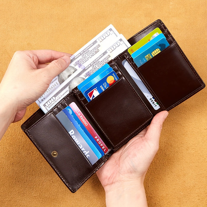 Vintage Oil Wax Layer Cowhide Men's Wallet, RFID Anti-theft Card Folding Genuine Leather Wallet, Large Capacity Multi-Card Credit Card Holder, Transparent ID Document Card Holder, 12 Bank Card Slots, 2 Transparent ID Document