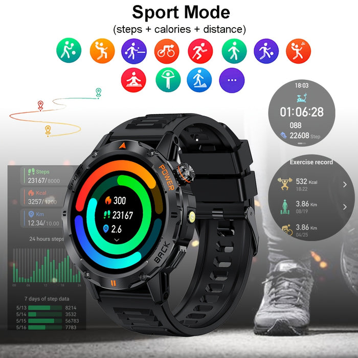 COIUSOR smartwatch features a 1.53-inch high-definition display, voice calls, real-time information synchronization with mobile phones, an LED flashlight, a compass, a 400mAh rechargeable battery, multiple sports modes, one-c