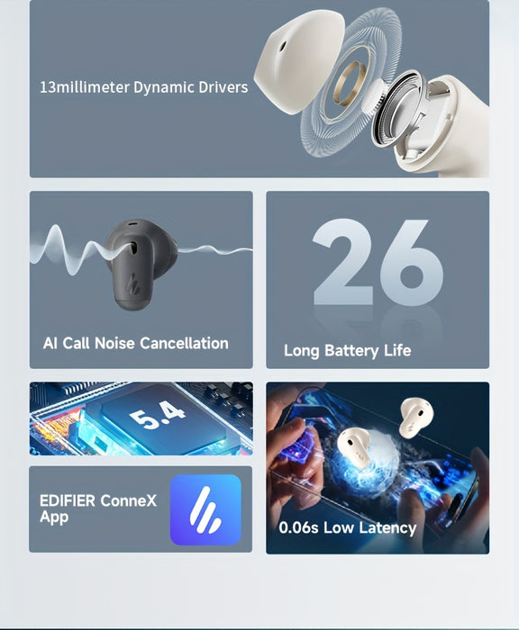 Edifier T10 AI Call Noise Reduction Earphones, Stereo Wireless Earphones, 2024 New Earphones, Wireless 5.4, Built in Microphone, Clear Call, Rechargeable 350mAh Lithium Polymer Battery, Plastic Material, No Cable Required, Su