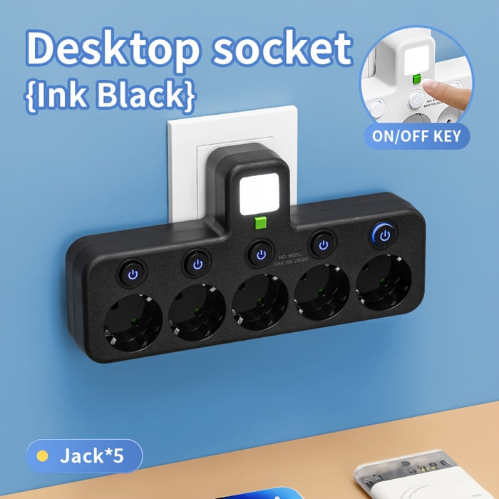 EU Plug Converter Socket with 5 Outlets, Multi-Port Wall Socket with Independent Switch and Small Night Light Adapter
