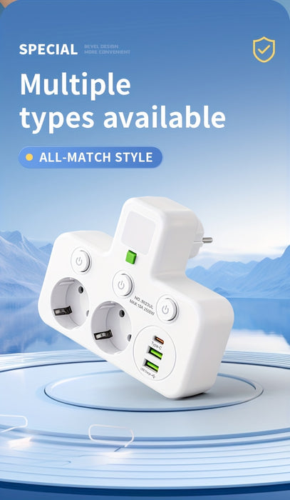 EU Plug Converter Socket with 5 Outlets, Multi-Port Wall Socket with Independent Switch and Small Night Light Adapter