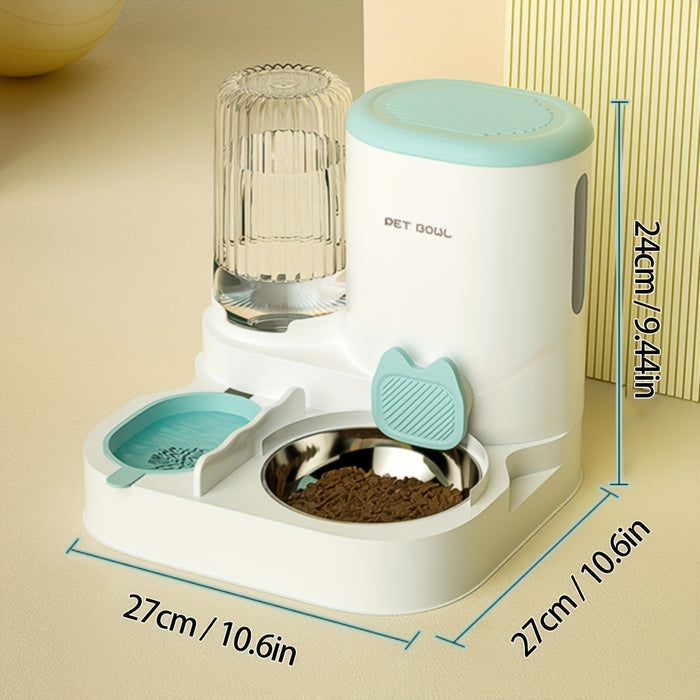 2-in-1 Automatic Cat Feeder and Water Dispenser Set with Stainless Steel Bowl - Detachable, Washable Pet Food & Water Station for Indoor Cats, Non-Electric, Easy-Clean Design