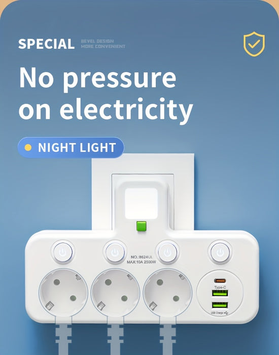 EU Plug Converter Socket with 5 Outlets, Multi-Port Wall Socket with Independent Switch and Small Night Light Adapter