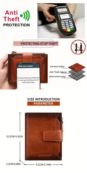 BANYANU Men'S Genuine Leather Wallet - Slim Vertical Design with Multiple Card Slots, RFID Blocking, and Secure Zipper Closure for Everyday Use, Everyday Wallet | Sleek Wallet | Genuine Leather Wallet