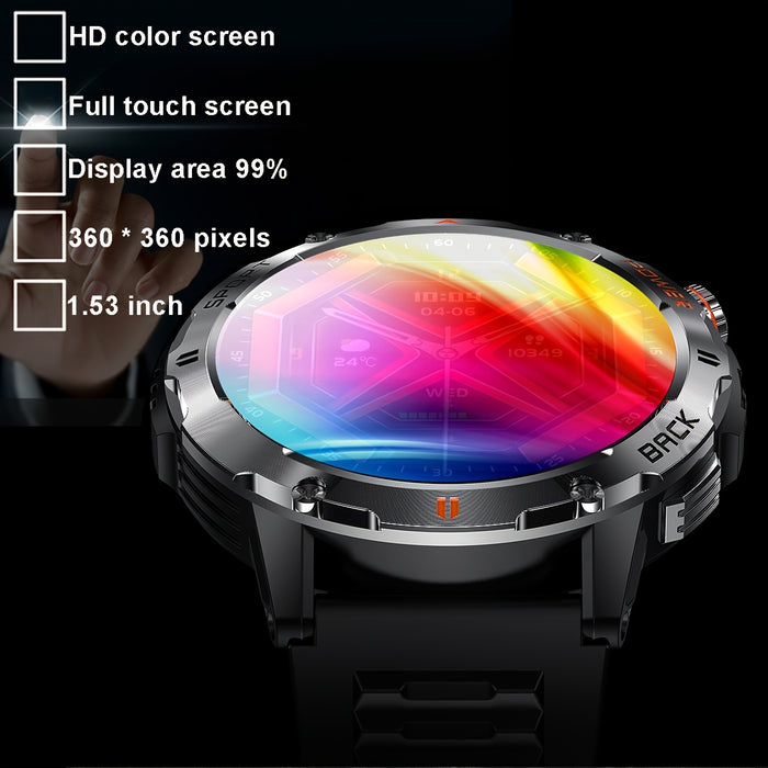 COIUSOR smartwatch features a 1.53-inch high-definition display, voice calls, real-time information synchronization with mobile phones, an LED flashlight, a compass, a 400mAh rechargeable battery, multiple sports modes, one-c