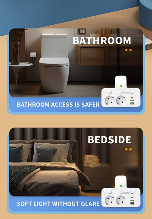 EU Plug Converter Socket with 5 Outlets, Multi-Port Wall Socket with Independent Switch and Small Night Light Adapter