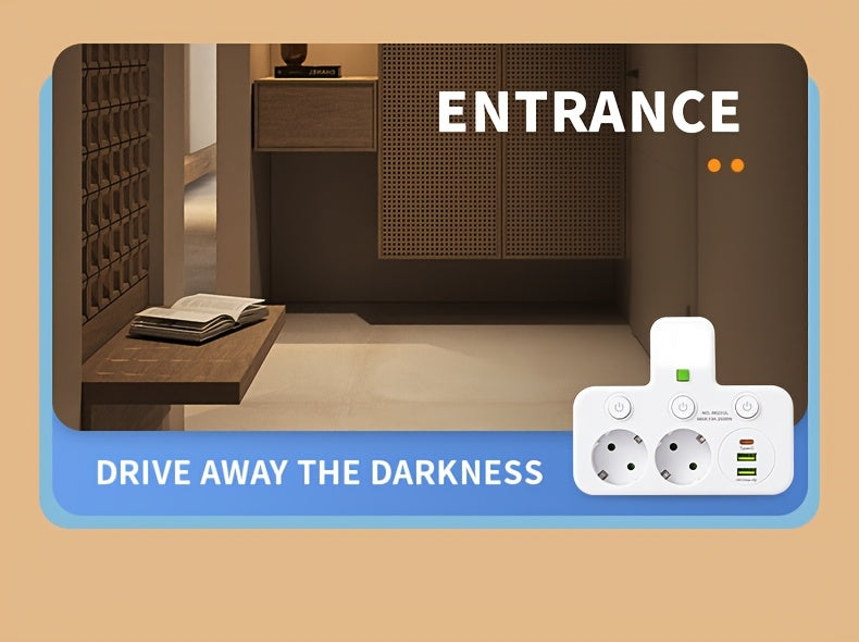 EU Plug Converter Socket with 5 Outlets, Multi-Port Wall Socket with Independent Switch and Small Night Light Adapter