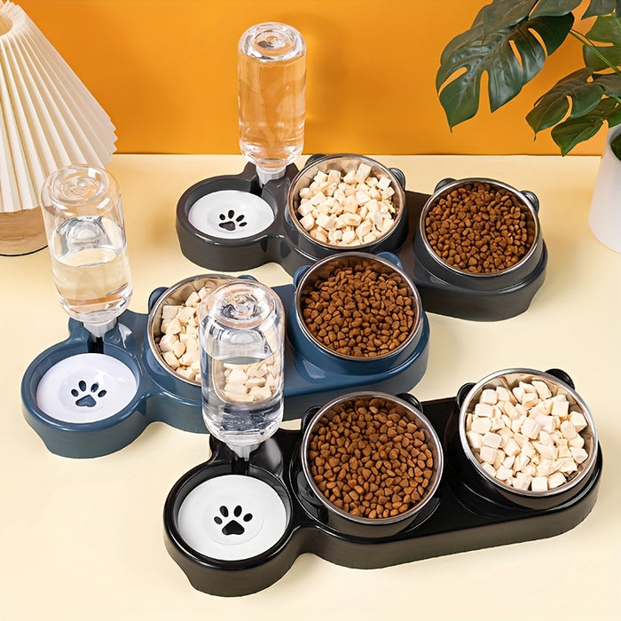 2-in-1 Pet Feeder and Water Dispenser, Stainless Steel & Plastic, Automatic Dual Bowl for Cats and Dogs, Easy Sloped Design, Durable Feeding Station
