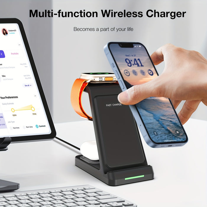 3-in-1 15W Fast Charging Station with Wireless Pad - Compatible with iPhone 16, 15, 14, 13, 12, 11, X, 8 Pro Max/Pro/Mini/Plus, iWatch Ultra10/9/8/7/6/5/4/3/2 SE, AirPods 4/3/2/Pro - Ideal for Business Gifts and Birthdays, Ai