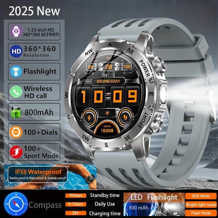 TKTKYY Men'S Outdoor Sports Smartwatch with 3.89cm HD Display, 800mAh Long Battery Life, Compass, 100+ Sports Modes, Flashlight, Wireless HD Calls, Pedometer, SMS Notifications - Compatible with for iphone & Android, Perfect