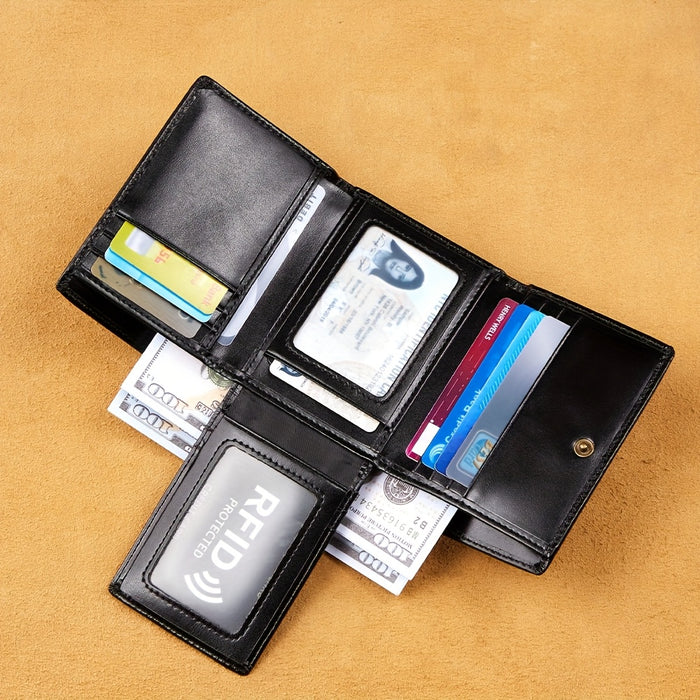 Vintage Oil Wax Layer Cowhide Men's Wallet, RFID Anti-theft Card Folding Genuine Leather Wallet, Large Capacity Multi-Card Credit Card Holder, Transparent ID Document Card Holder, 12 Bank Card Slots, 2 Transparent ID Document