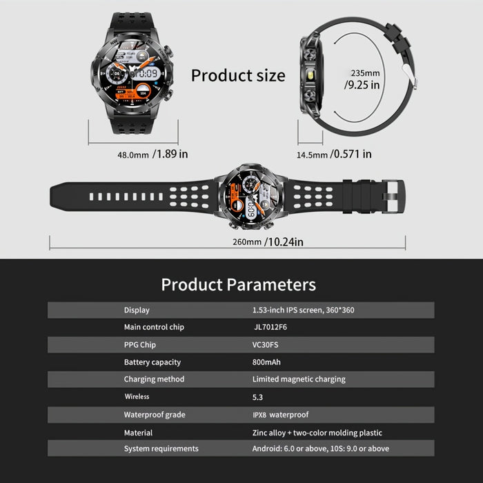 TKTKYY Men'S Outdoor Sports Smartwatch with 3.89cm HD Display, 800mAh Long Battery Life, Compass, 100+ Sports Modes, Flashlight, Wireless HD Calls, Pedometer, SMS Notifications - Compatible with for iphone & Android, Perfect
