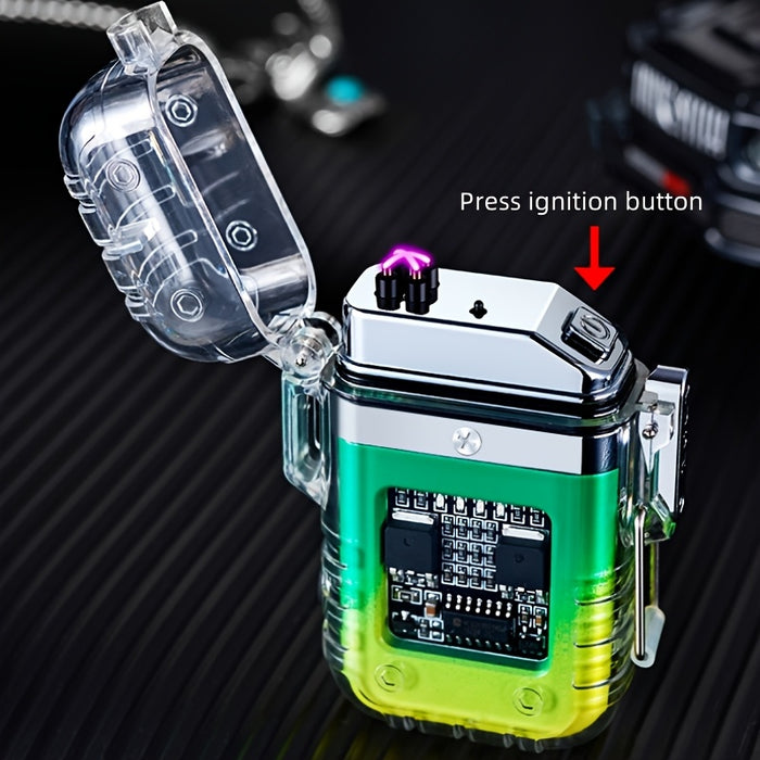 1pc USB Rechargeable Dual Arc Plasma Lighter with Flashlight - Portable Electronic Igniter for Outdoor Survival, Emergency & Exploration, Transparent Green & Yellow Design, Perfect Gift for Men and Women