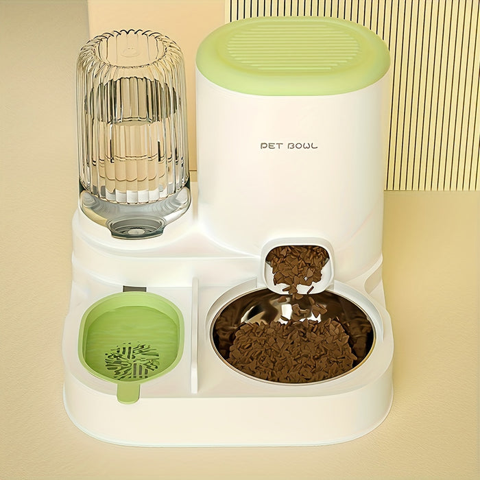 2-in-1 Automatic Cat Feeder and Water Dispenser Set with Stainless Steel Bowl - Detachable, Washable Pet Food & Water Station for Indoor Cats, Non-Electric, Easy-Clean Design