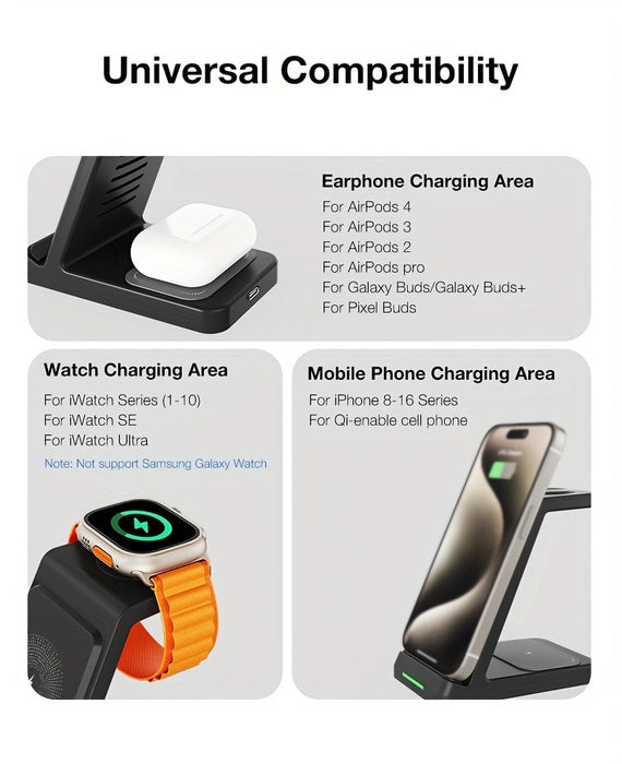 3-in-1 15W Fast Charging Station with Wireless Pad - Compatible with iPhone 16, 15, 14, 13, 12, 11, X, 8 Pro Max/Pro/Mini/Plus, iWatch Ultra10/9/8/7/6/5/4/3/2 SE, AirPods 4/3/2/Pro - Ideal for Business Gifts and Birthdays, Ai