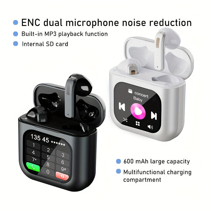 5.3 Multifunctional Touch Screen Earbuds Wireless Noise Cancelling Headphones, 8 Hours Playback Time, Smart Touch Charging Case with Built-in SD Card and MP3 Playback Function, Suitable for Running, Exercise, Travel