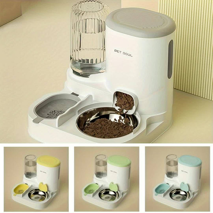 2-in-1 Automatic Cat Feeder and Water Dispenser Set with Stainless Steel Bowl - Detachable, Washable Pet Food & Water Station for Indoor Cats, Non-Electric, Easy-Clean Design