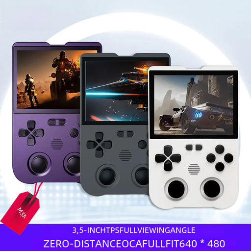 Three RetroDuo XU10 Mini Arcade handheld consoles in purple, grey, and white with game screens and dual joystick controls.